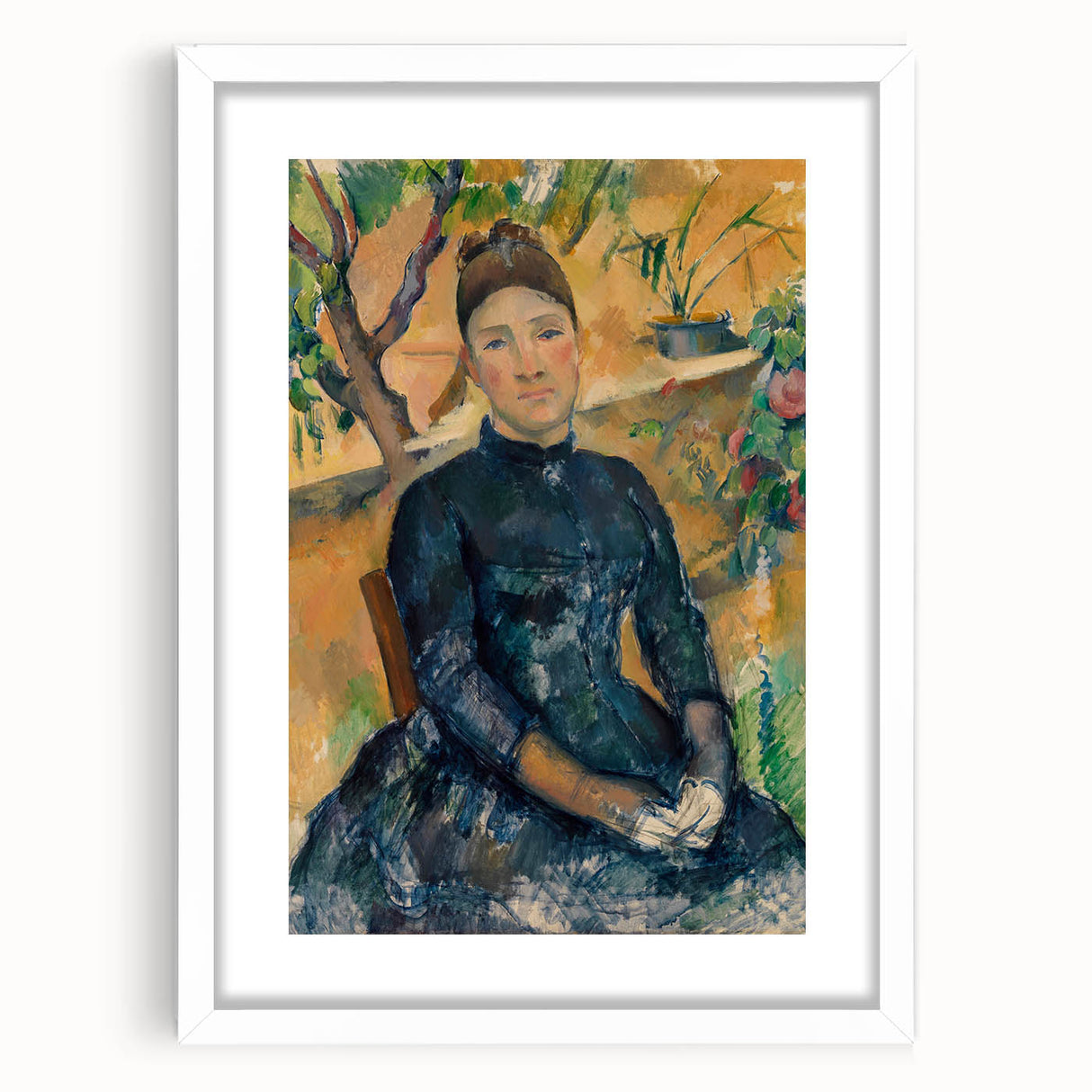 Abstract art print of a Paul Cézanne painting in muted green and blue tones, framed in white, ideal for dining room decor.