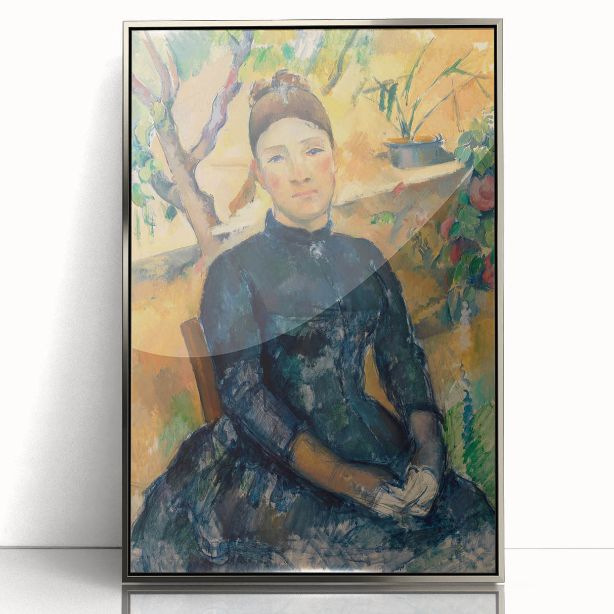 Mid-century modernist art by Paul Cézanne, featuring abstract forms in muted earth tones, framed in silver acrylic.