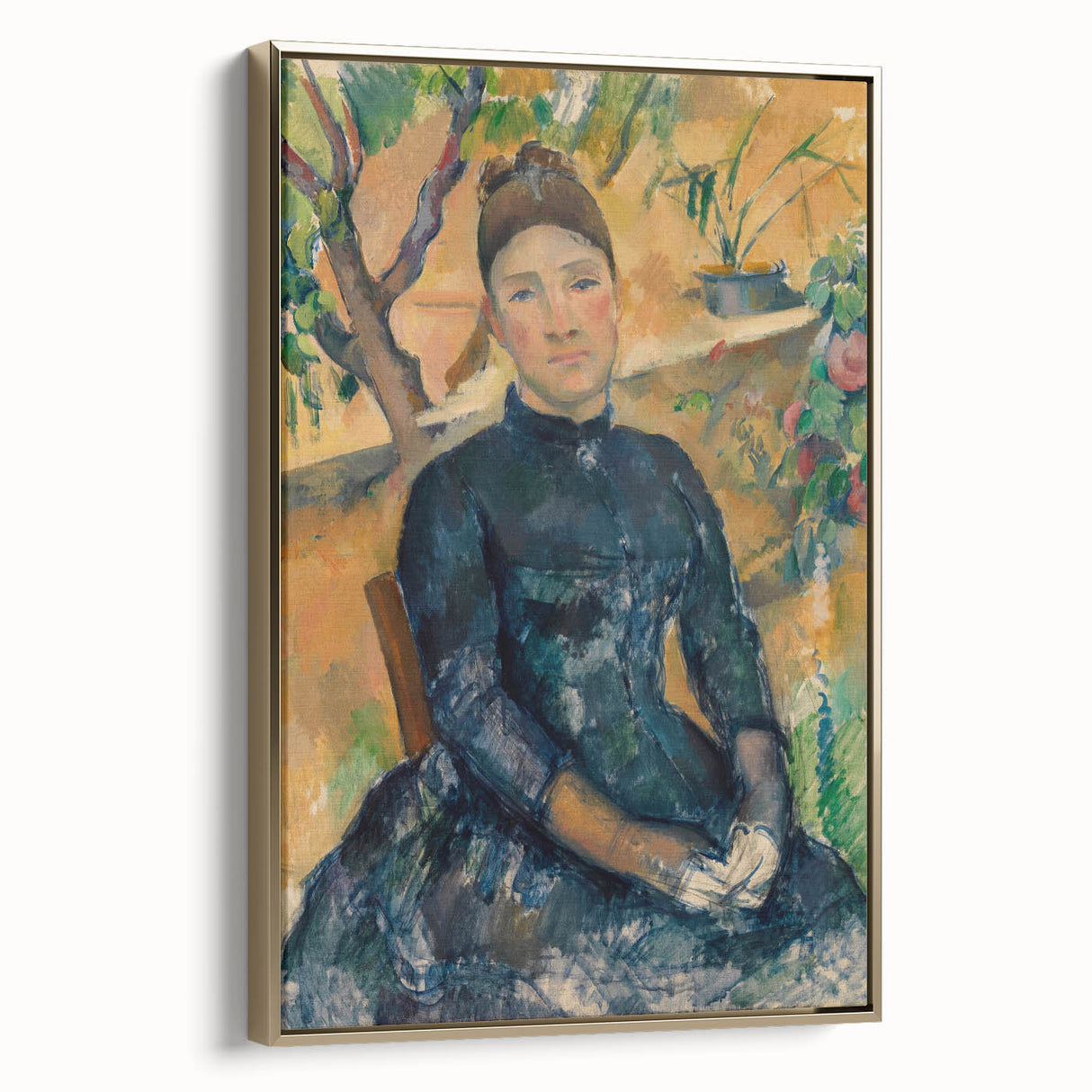Framed canvas of a vintage-style landscape painting by Paul Cézanne, featuring muted earth tones, ideal for bedroom wall art.
