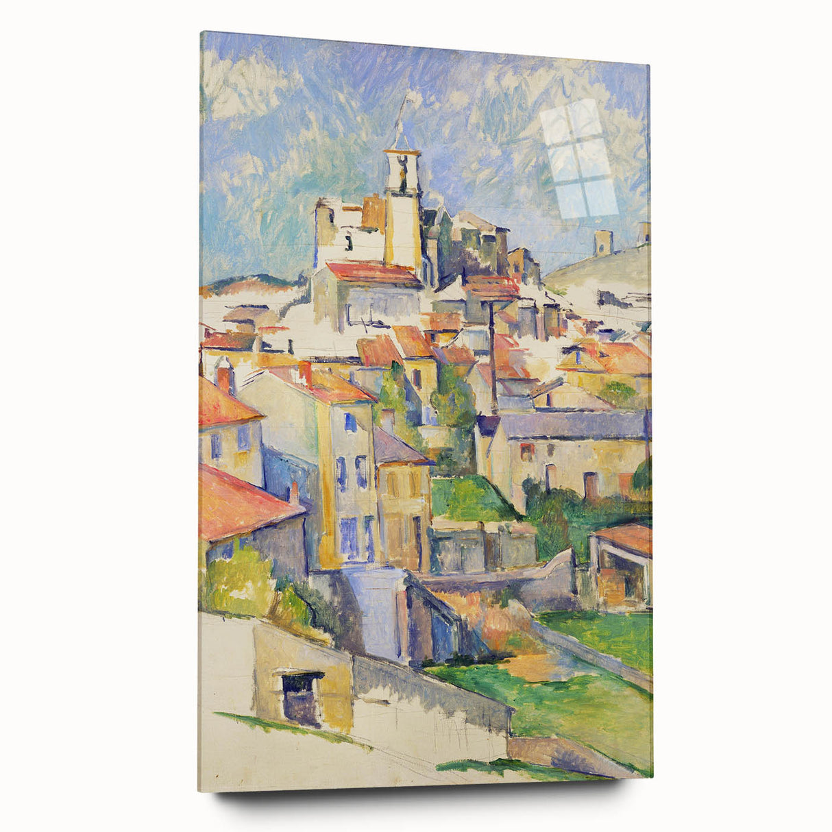Acrylic print of Paul Cézanne's abstract landscape, with muted blues and greens, ideal for bedroom or dining room art.