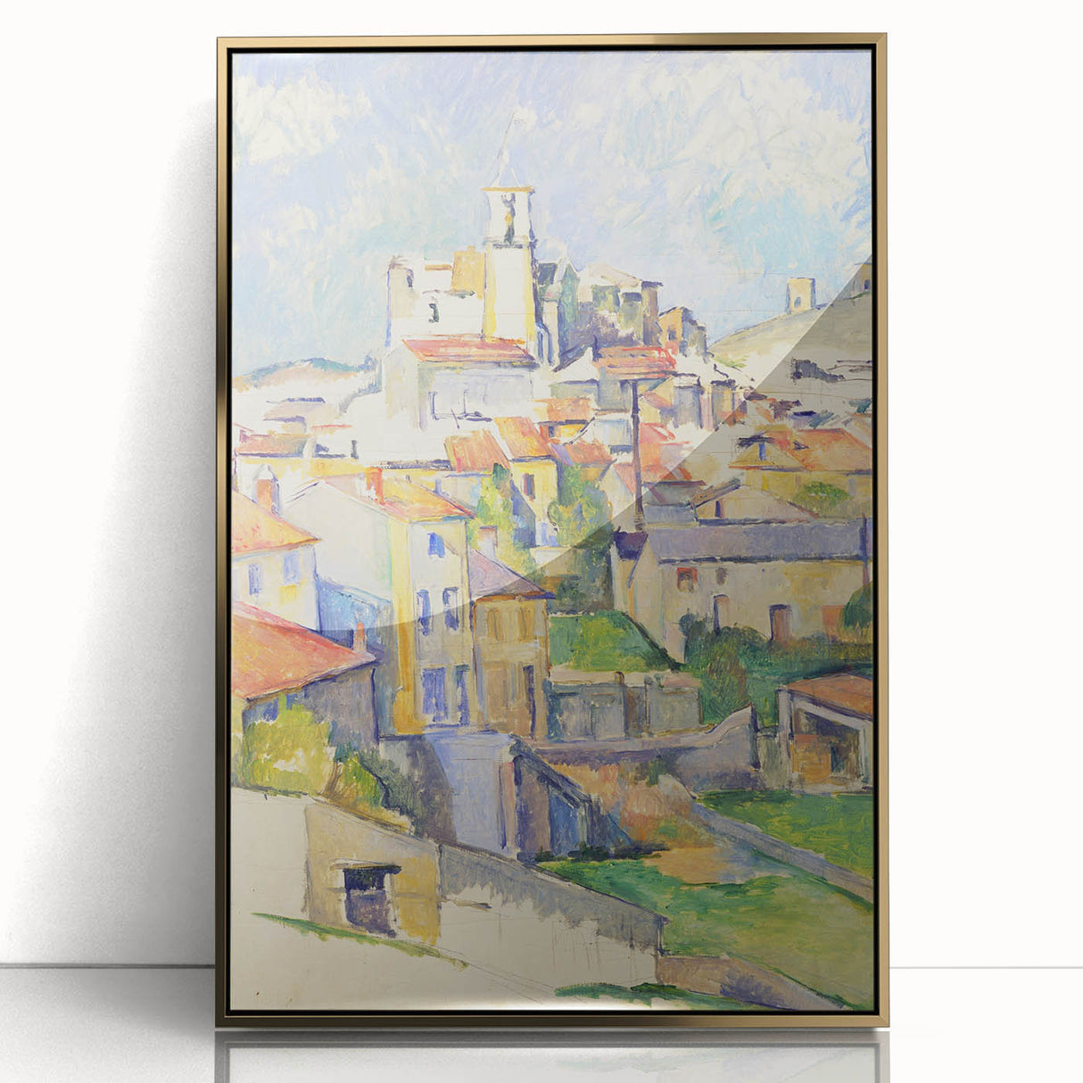 Large art print of a Paul Cézanne landscape in muted earth tones, framed in gold acrylic, suitable for modern art wall decor.