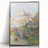 Mid-century modernist art featuring a Paul Cézanne design in muted colors on a framed acrylic silver front.