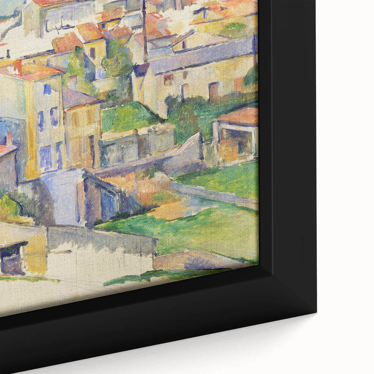 Extra large framed canvas of a textured, colorful abstract design, predominantly black, ideal for living room decor.