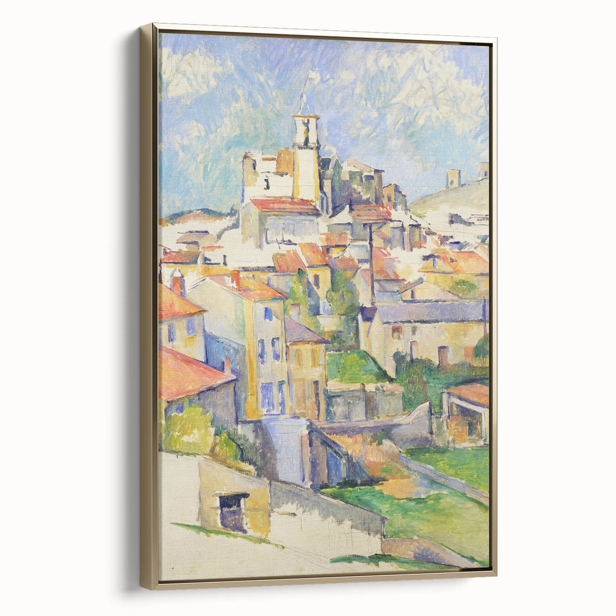 Framed canvas featuring a vintage-style landscape painting with muted earth tones, ideal for bedroom wall art.