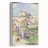 Vintage poster art of a colorful Paul Cézanne painting, framed canvas with a black and white side view.