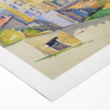 Art deco poster featuring a Paul Cezanne landscape in muted earth tones on rolled canvas, suitable for dining room decor.