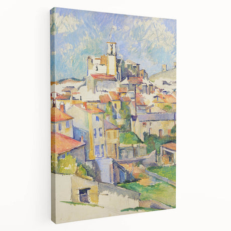 Paul Cézanne-style landscape on large stretched canvas, featuring muted earth tones, ideal for kitchen wall art.