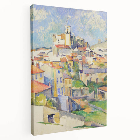 Paul Cézanne-style landscape on large stretched canvas, featuring muted earth tones, ideal for kitchen wall art.