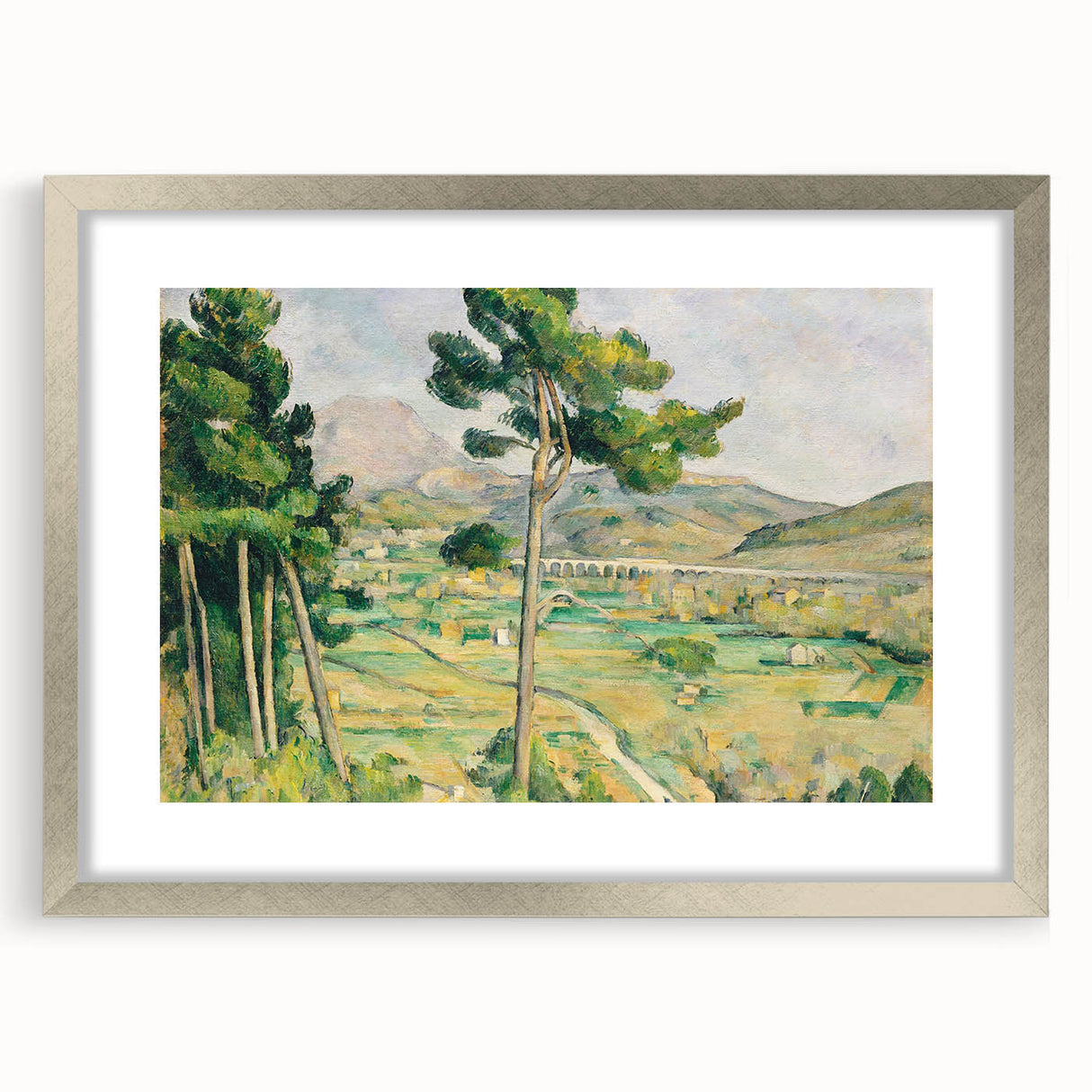 Textured abstract art print of a Paul Cézanne design in a silver frame, featuring muted earth tones, ideal for bedroom art.