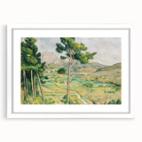 Abstract art print of a Paul Cézanne landscape in muted green and blue tones, white-framed, ideal for dining room decor.