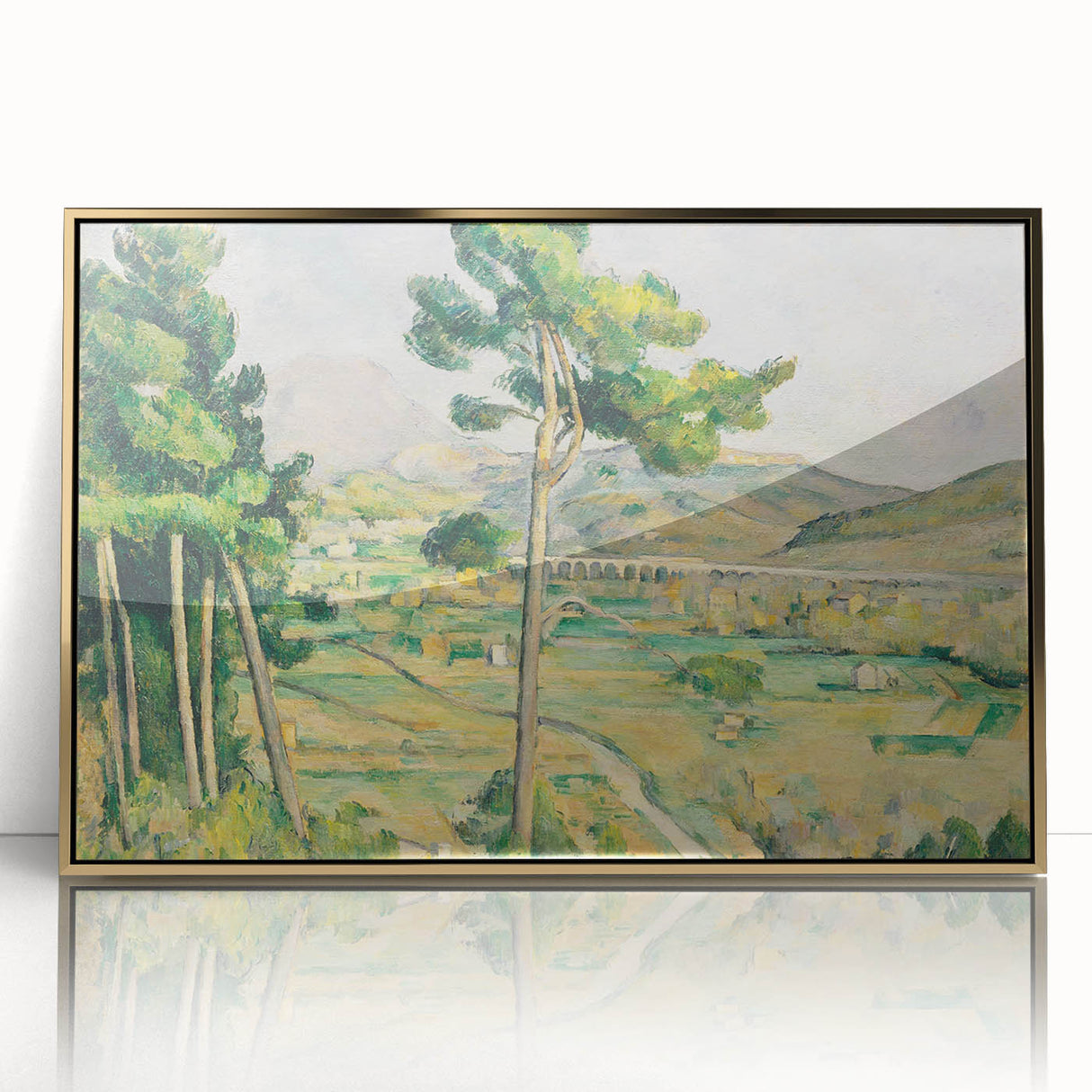 Large art print of Paul Cézanne's work in a gold frame, featuring a mid-century modernist style.