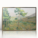 Large art print of Paul Cézanne's work in a gold frame, featuring a mid-century modernist style.