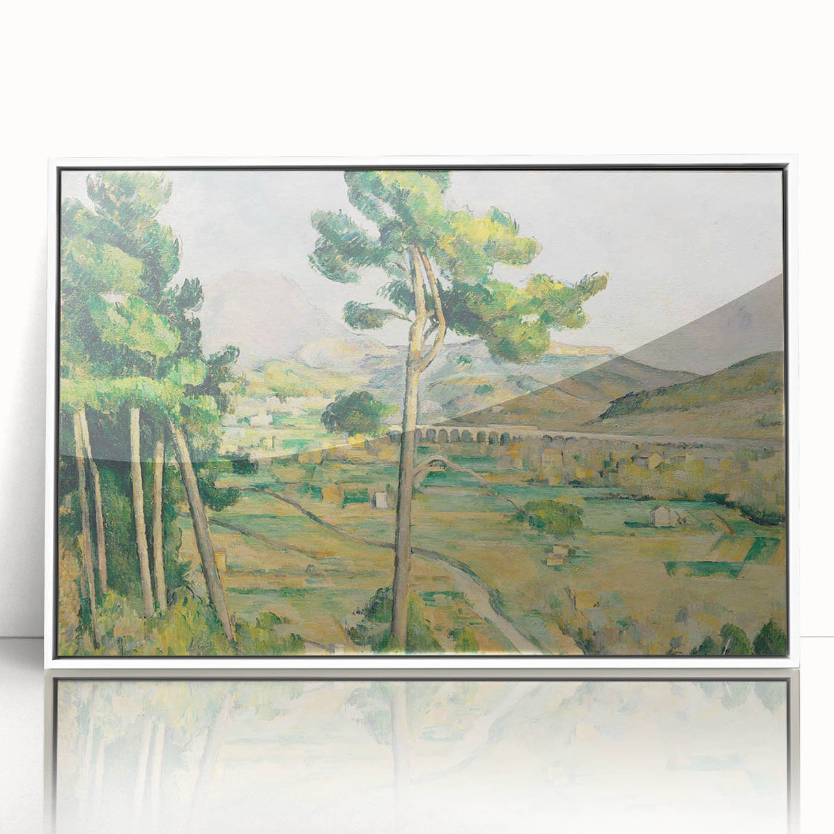 Acrylic print of a Paul Cézanne design with abstract forms in subdued earth tones, framed in white.