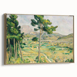 Framed canvas depicting a Paul Cézanne landscape with muted earth tones, ideal for bedroom wall art.