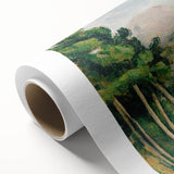 Art deco poster of Paul Cézanne's landscape painting on rolled canvas, featuring muted earth tones.