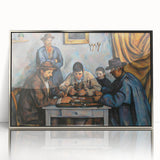 Mid-century modernist art depicting a Paul Cézanne landscape in muted earth tones on a silver-framed acrylic.