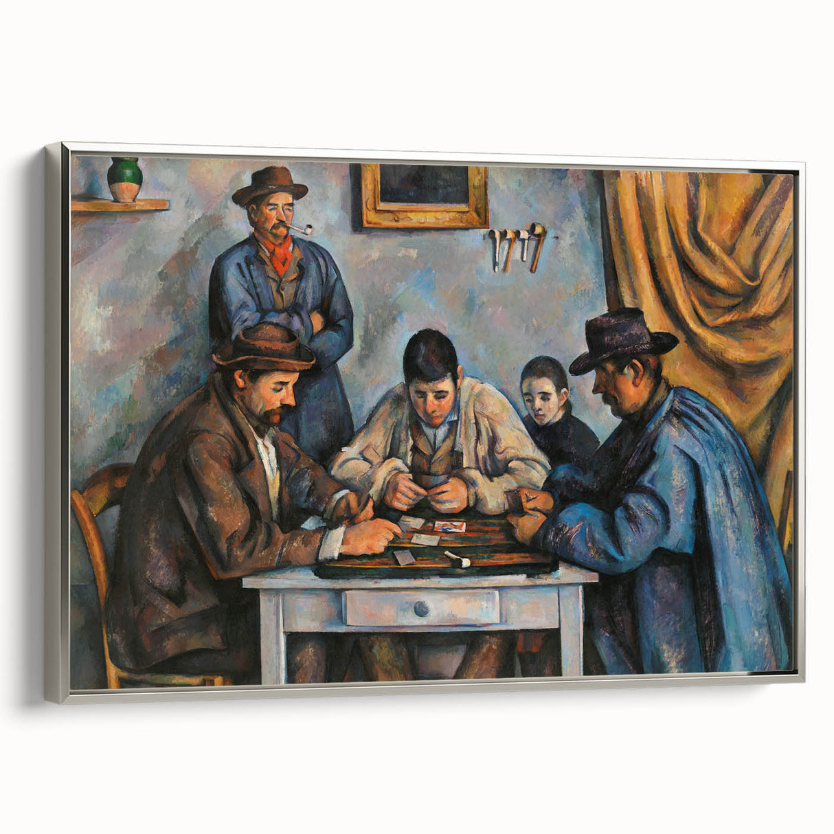 Landscape art painting by Paul Cezanne on framed canvas, featuring colorful foliage and silver frame.