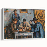 Vintage poster art of Paul Cezanne's painting in a white frame, featuring vibrant colors on a black background.