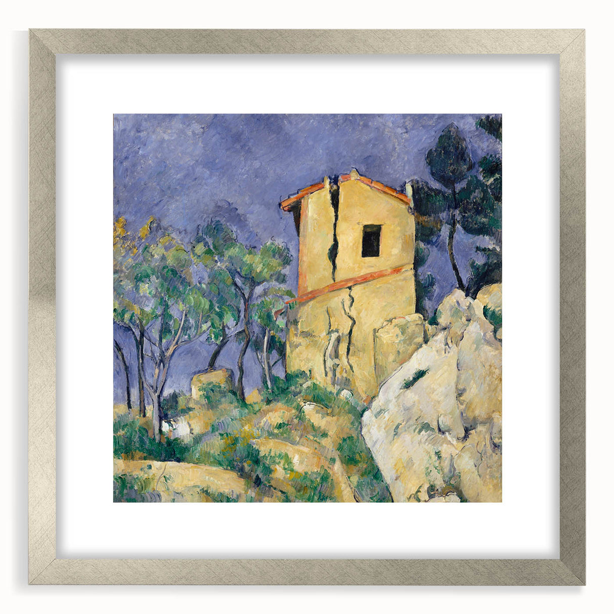 Textured abstract art print of geometric shapes in muted earth tones on a framed canvas, ideal for bedroom decor.
