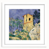 Abstract art print of Paul Cézanne's colorful landscape on a white framed canvas, ideal for dining room decor.