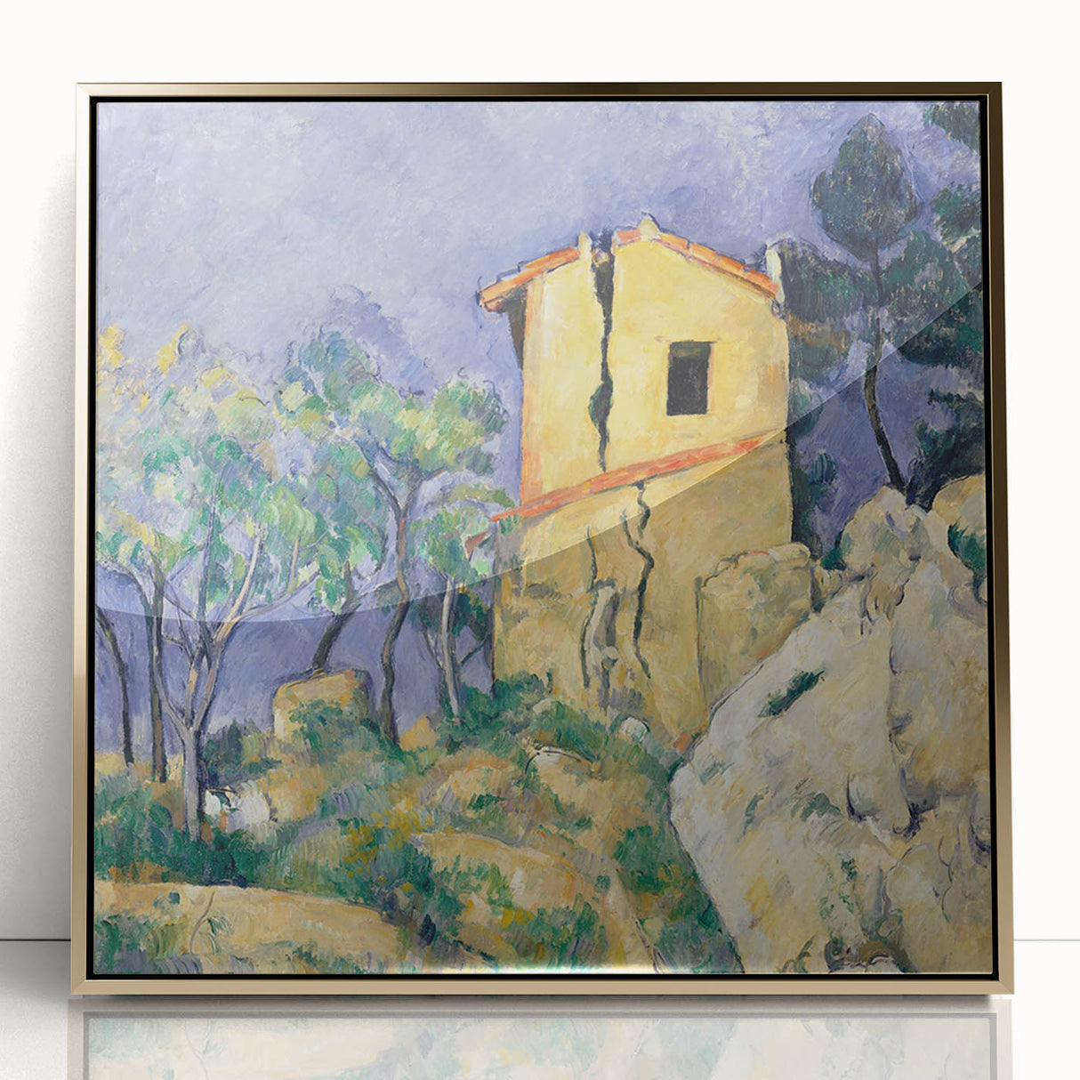 Paul Cézanne-inspired mid-century modernist large art print in a gold frame, featuring muted earth tones.