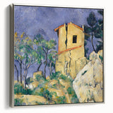 Landscape art painting by Paul Cézanne featuring a colorful pastoral scene on a silver-framed canvas.