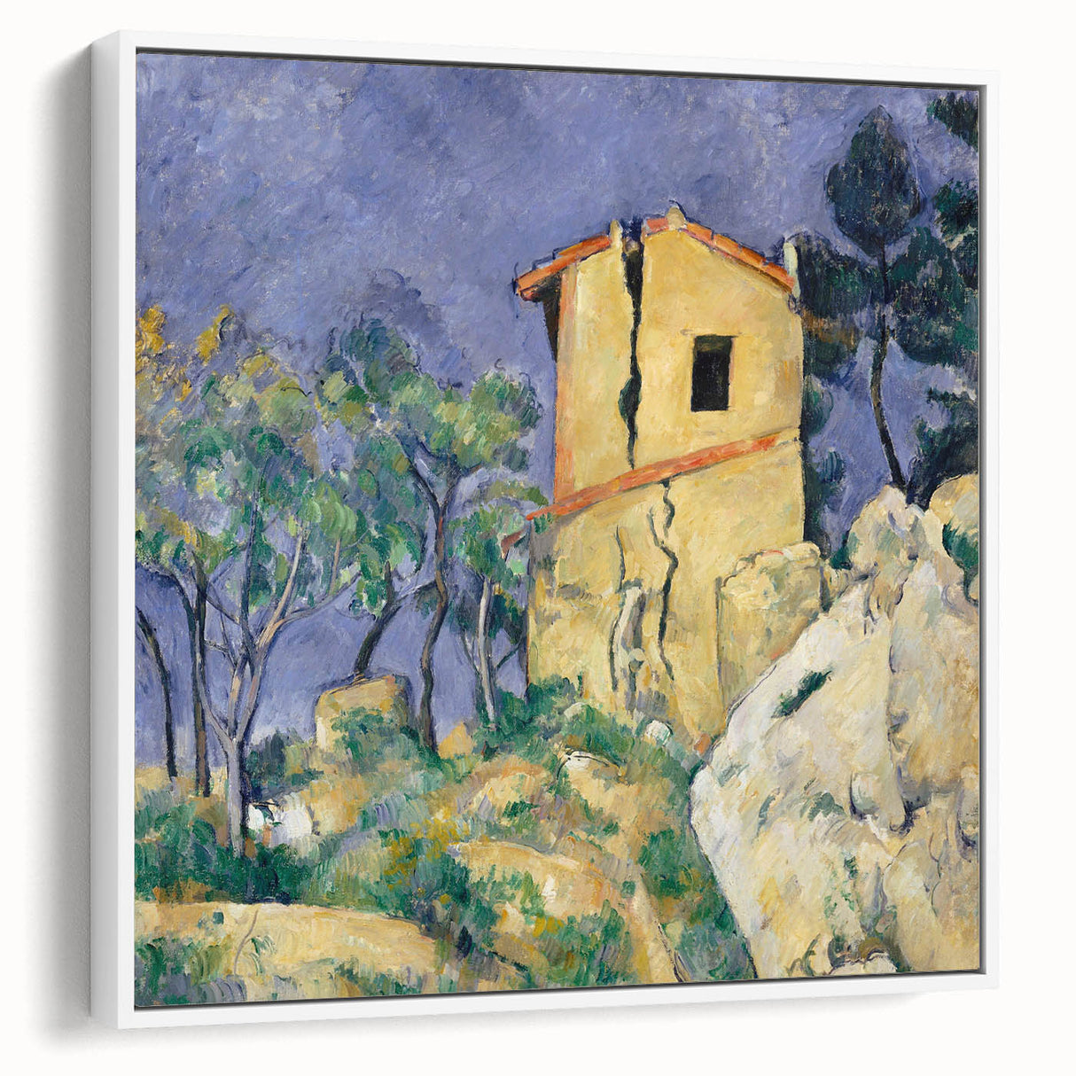 Vintage poster art of a Paul Cézanne landscape, featuring colorful art on a large framed canvas, ideal for living room decor.
