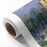 Art deco poster of a vibrant cityscape on rolled canvas, featuring rich blues and golds.