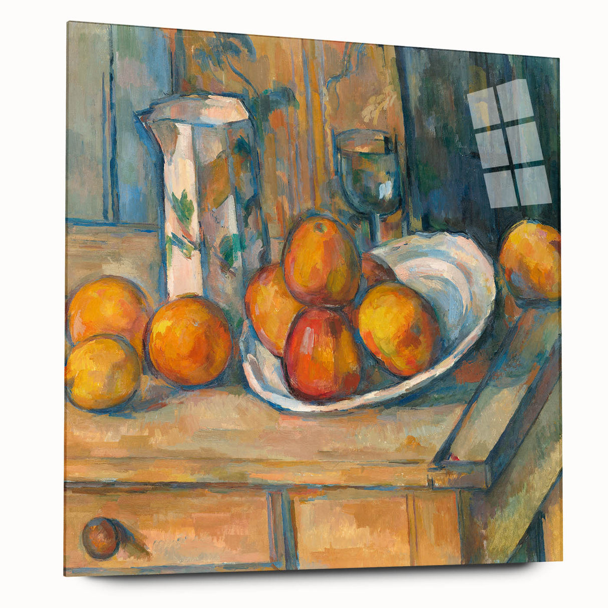 Side view of a large abstract wall art by Paul Cézanne, featuring muted earth tones on acrylic glass.