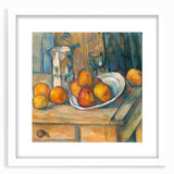 Abstract art print of a Paul Cezanne design in white frame, featuring muted earth tones.