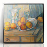 Large abstract wall art by Paul Cézanne, featuring geometric shapes in muted earth tones, framed in black acrylic.