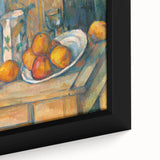 Close-up of a textured Paul Cézanne painting on extra large framed canvas featuring colorful, impressionist brush strokes.