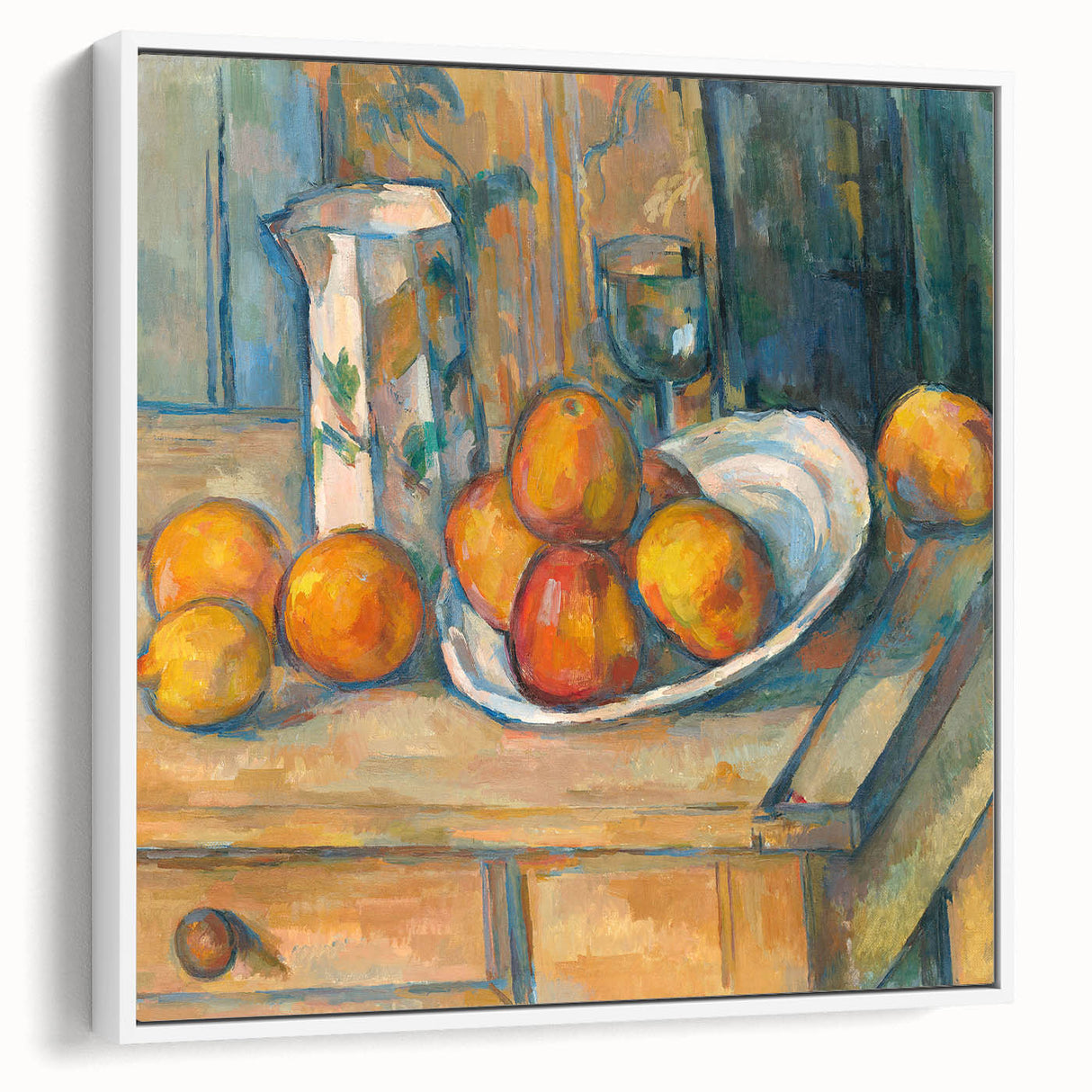 Vintage poster art of Paul Cezanne's work, featuring colorful art on black, framed canvas, ideal for living room decor.