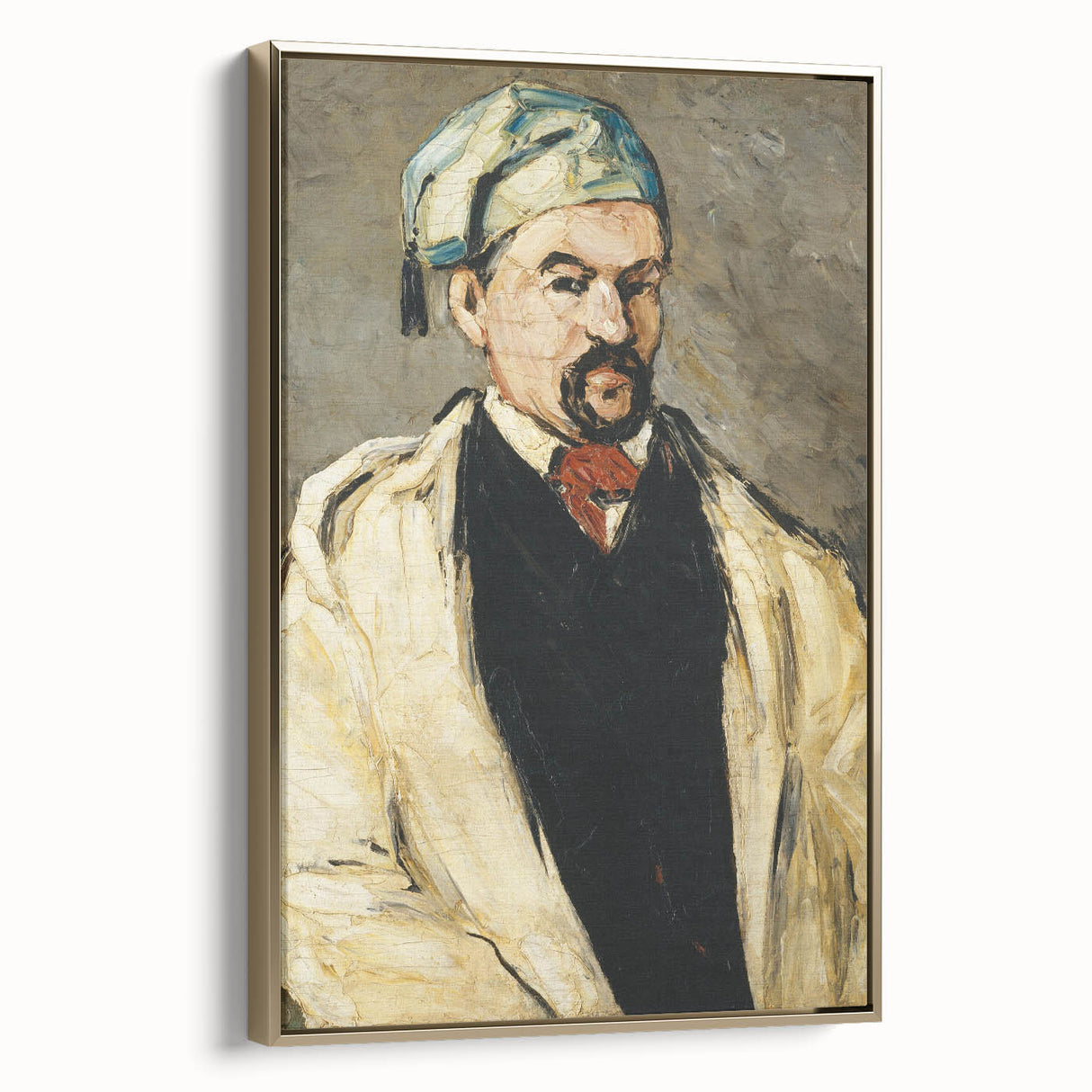 Vintage poster art of a Paul Cezanne landscape painting, featuring earth tones, on a framed canvas.