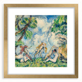 Extra large abstract art print of Paul Cézanne's design on textured canvas, framed in gold, suitable for living room decor.