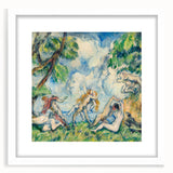 Abstract art print of a Paul Cézanne design in muted earth tones, framed in white, suitable for dining room decor.