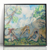 Large abstract wall art by Paul Cézanne in black frame, featuring mid-century modernist style with muted earth tones.