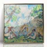 Large art print of a Paul Cézanne landscape in muted earth tones, framed in gold acrylic, suitable for modern art wall decor.