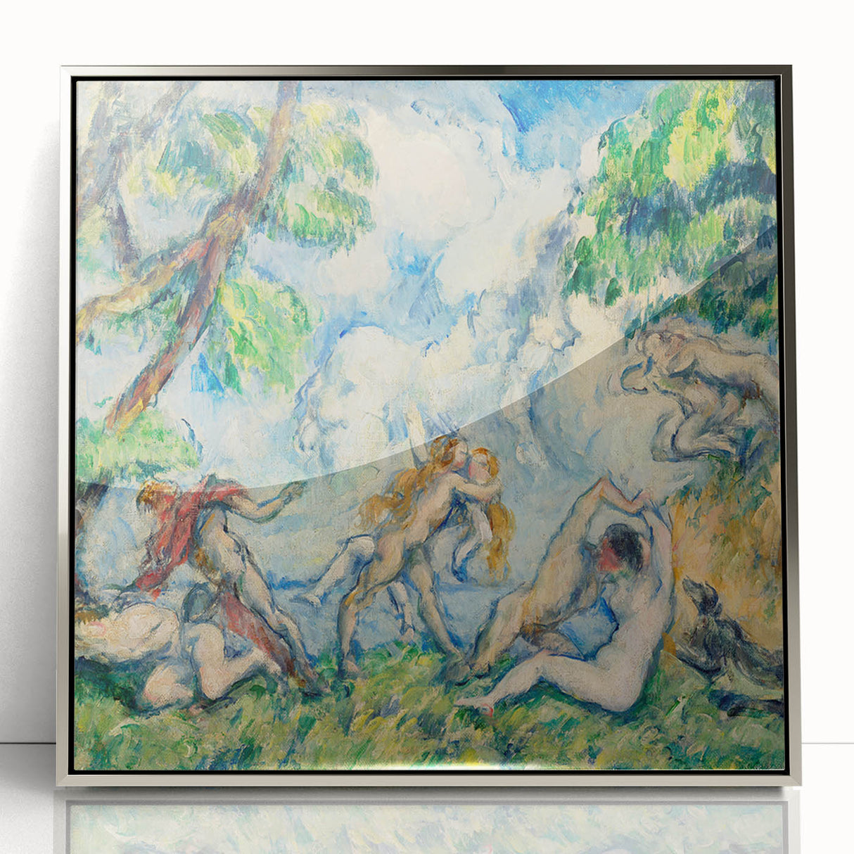 Mid-century modernist art by Paul Cezanne, featuring a serene landscape in muted greens and blues on a silver-framed acrylic.