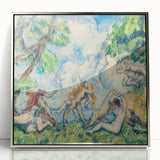 Mid-century modernist art by Paul Cezanne, featuring a serene landscape in muted greens and blues on a silver-framed acrylic.