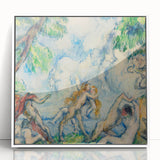 Acrylic print of Paul Cézanne's painting, featuring a landscape in muted greens and blues, framed in white.