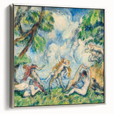 Framed canvas of Paul Cézanne's colorful landscape art painting with a vintage poster style.