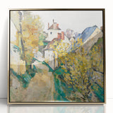 Large art print of a Paul Cézanne landscape in gold frame, featuring mid-century modernist style.