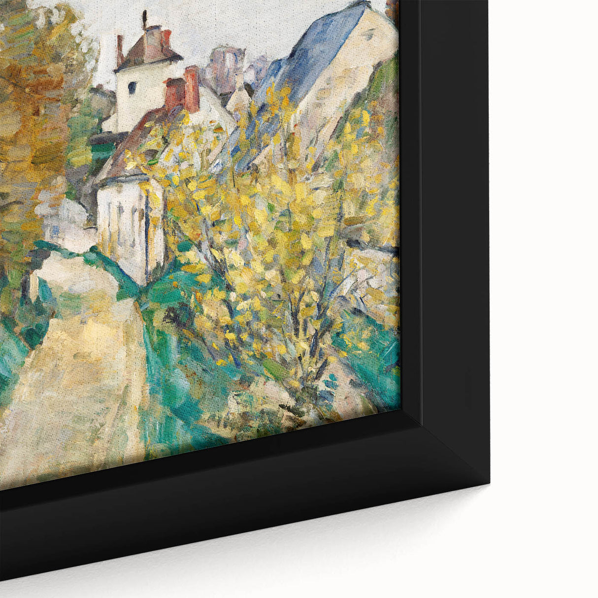 Extra large framed canvas depicting a close-up of a Paul Cézanne painting with textured, colorful art on a black background.