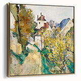 Framed canvas featuring a vintage-style landscape painting by Paul Cézanne with muted earth tones.