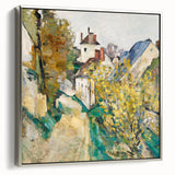 Framed canvas featuring a landscape art painting by Paul Cezanne with colorful, impressionist style.