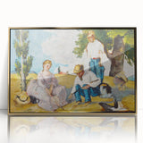 Large art print of a Paul Cézanne landscape in muted greens and blues, framed in gold acrylic.