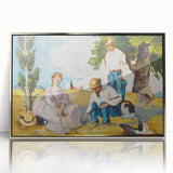 Mid-century modernist art by Paul Cezanne featuring abstract forms in muted earth tones, framed in silver acrylic.