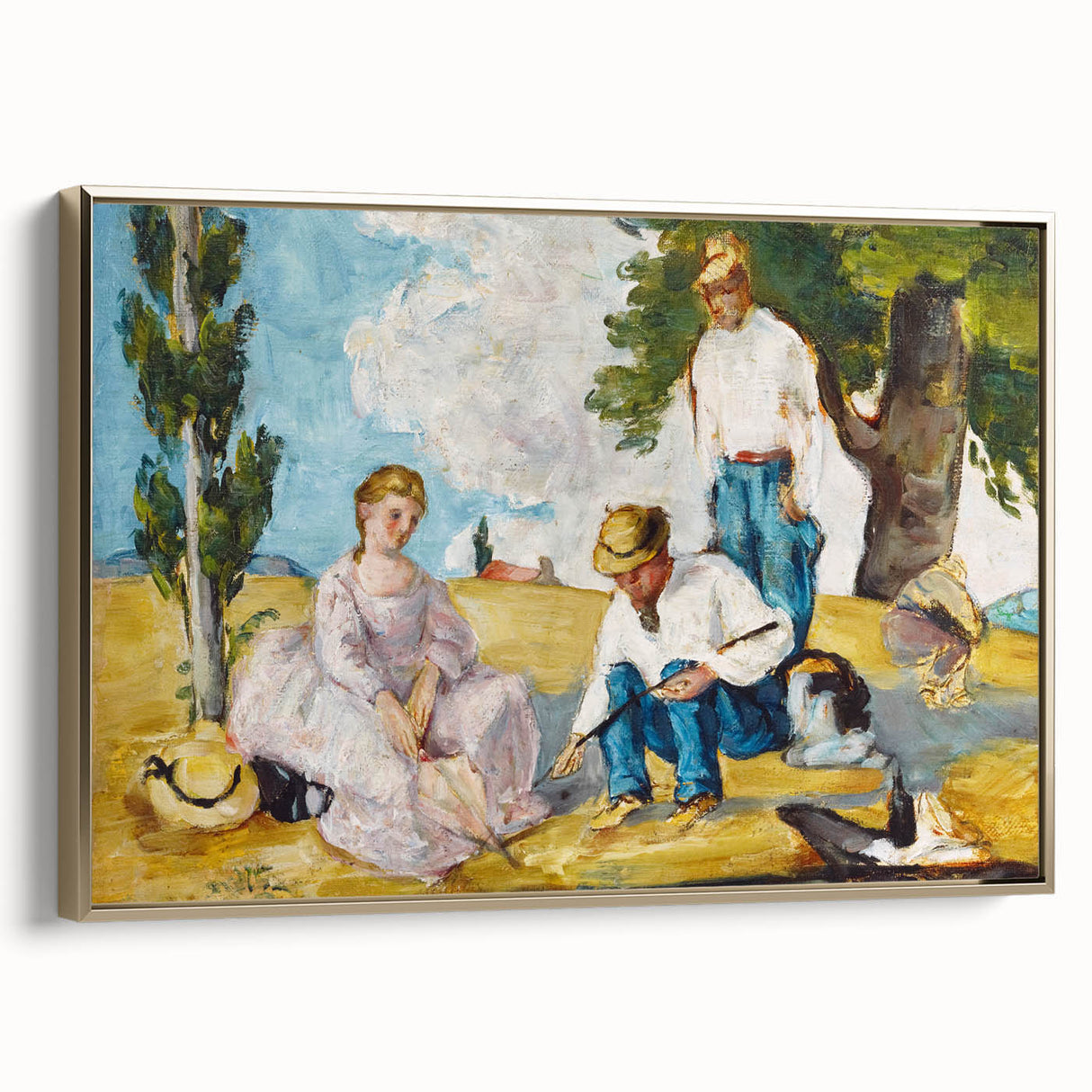 Gold-framed canvas featuring Paul Cézanne's landscape painting in muted earth tones, ideal for bedroom wall art.