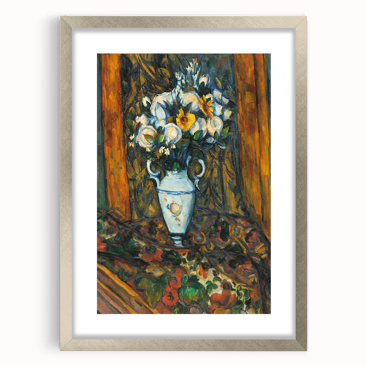 Textured art print of an abstract landscape by Paul Cézanne in silver frame, featuring muted earth tones.
